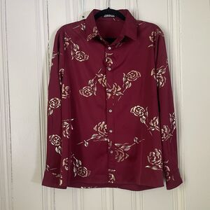 ZEROYAA Men Burgundy Gold Floral Long Sleeve Button Up Prom Dress Shirt Size S